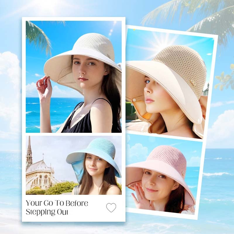 🌞Niezbędne akcesoria do ochrony przed słońcem latem 👒Kapelusz z szerokim rondem i odpinanym szalem na szyję