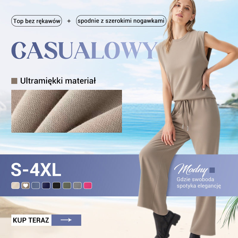 Damski casualowy zestaw: Top bez rękawów i spodnie z szerokimi nogawkami