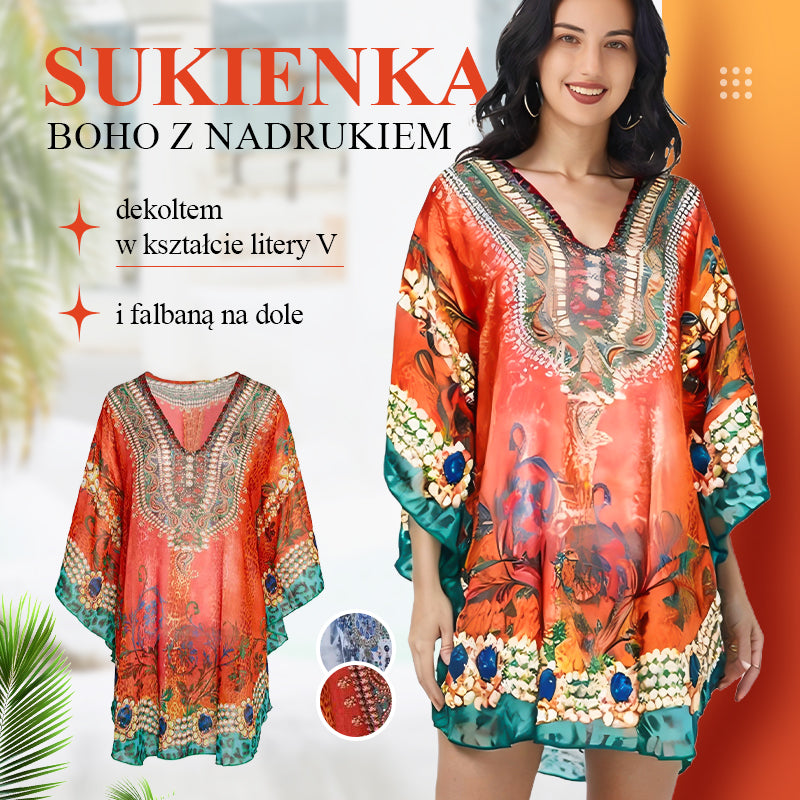 🔥👚Sukienka boho z nadrukiem, dekoltem w kształcie litery V i falbaną na dole