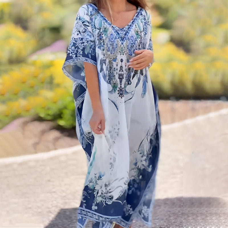 🔥👚Sukienka boho z nadrukiem, dekoltem w kształcie litery V i falbaną na dole
