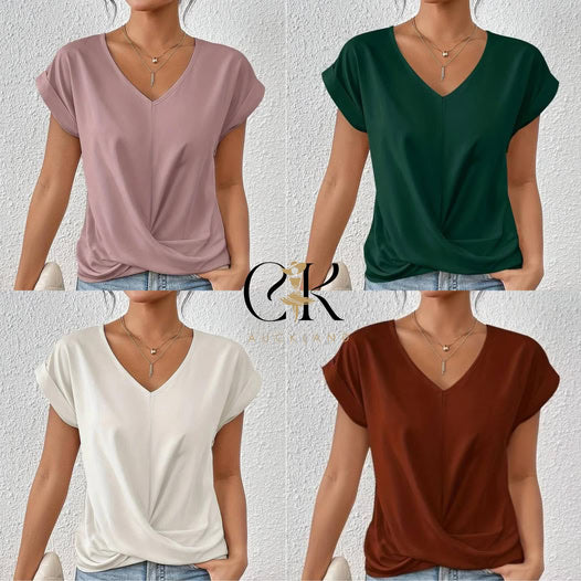 🔥👚 【S-2XL】Casual Krótki Rękaw Elegancki T-shirt z Dekoltem w Serek