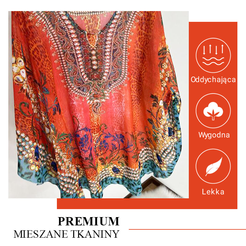 🔥👚Sukienka boho z nadrukiem, dekoltem w kształcie litery V i falbaną na dole