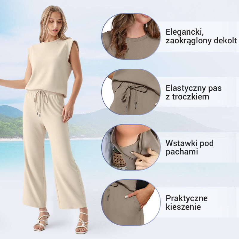 Damski casualowy zestaw: Top bez rękawów i spodnie z szerokimi nogawkami