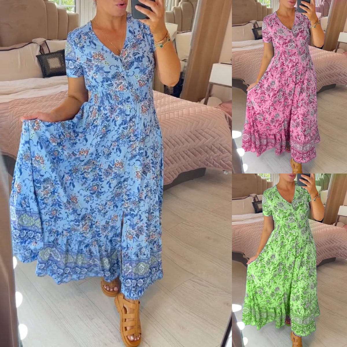 🌺Letnia Sukienka Must Have | Botaniczny Print & Szlifowany Dekolt | Dopasowana w Talii | Bawełna Organic 240GSM