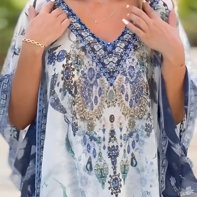 🔥👚Sukienka boho z nadrukiem, dekoltem w kształcie litery V i falbaną na dole
