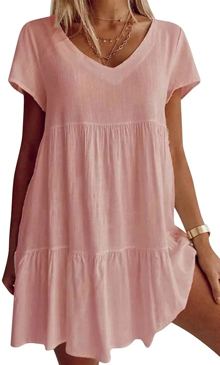 👗Swobodna sukienka z krótkim rękawem z dekoltem w serek💖