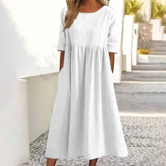 💝Bawełniana sukienka z okrągłym dekoltem i kieszeniami🙋♀️