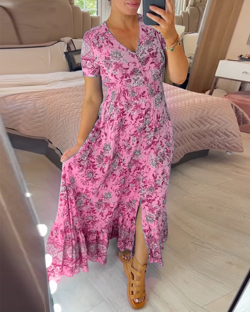 🌺Letnia Sukienka Must Have | Botaniczny Print & Szlifowany Dekolt | Dopasowana w Talii | Bawełna Organic 240GSM