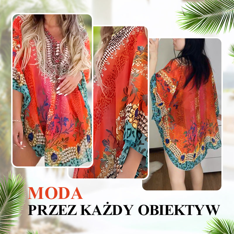 🔥👚Sukienka boho z nadrukiem, dekoltem w kształcie litery V i falbaną na dole