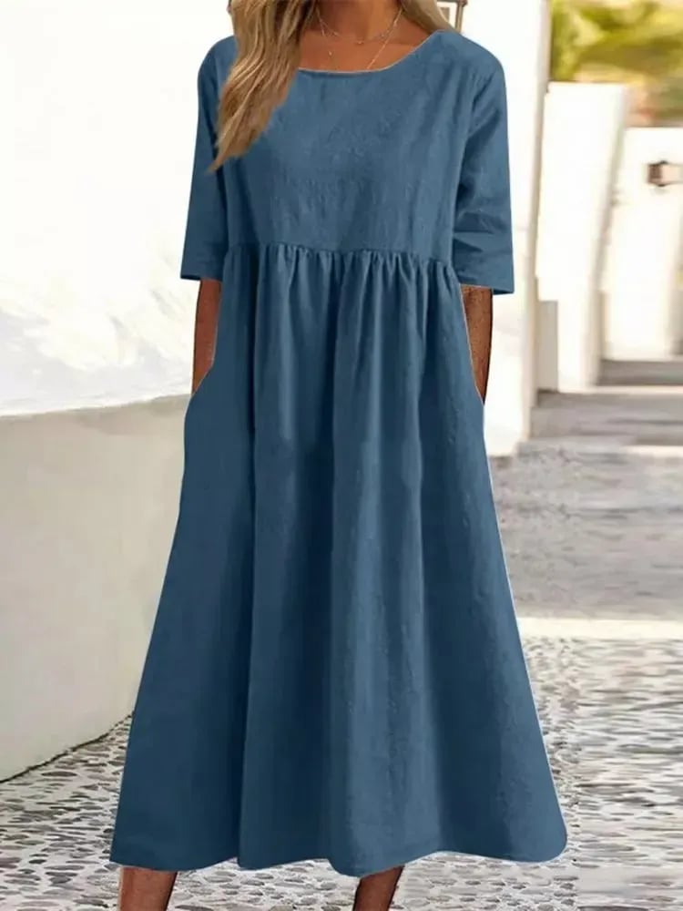 【S-5XL】👗 Bawełniana sukienka z okrągłym dekoltem i kieszeniami
