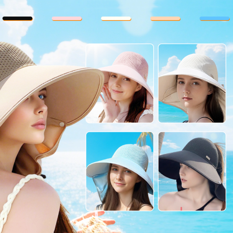 🌞Niezbędne akcesoria do ochrony przed słońcem latem 👒Kapelusz z szerokim rondem i odpinanym szalem na szyję
