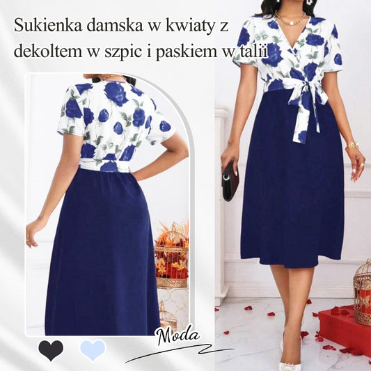 🌺Sukienka damska w kwiaty z dekoltem w szpic i paskiem w talii