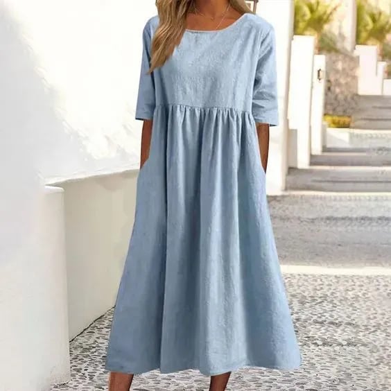 💝Bawełniana sukienka z okrągłym dekoltem i kieszeniami🙋♀️