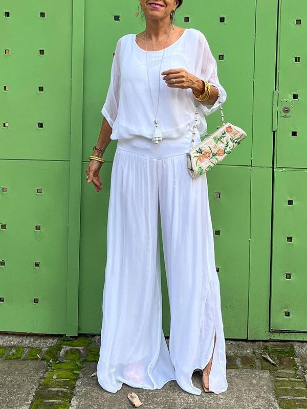 Eleganckie dwuczęściowe szyfonowe spodnie z szerokimi nogawkami