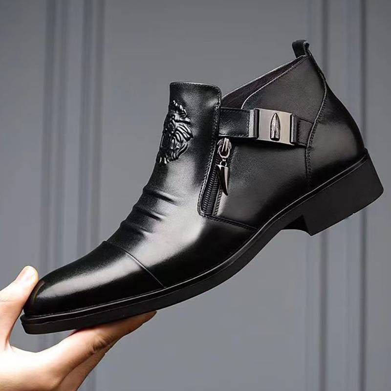 👞 SKÓRZANE BOTKI MĘSKIE Z PODWÓJNYM ZAMKIEM BŁYSKAWICZNYM I SZPICZASTYM NOSKIEM
