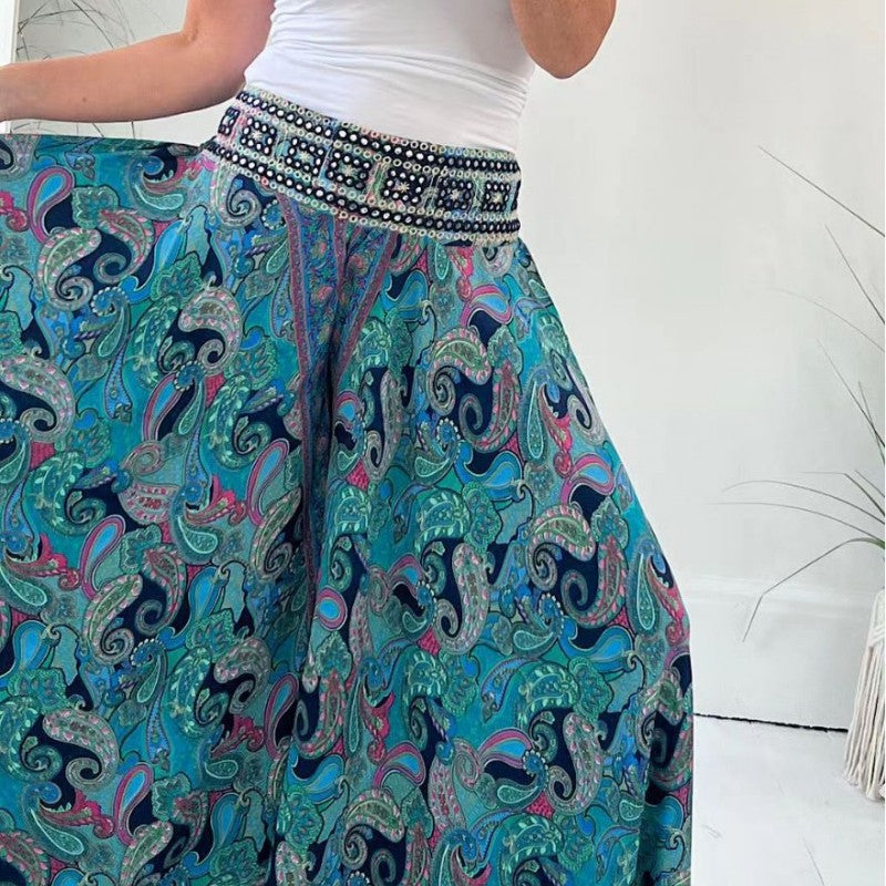 Lekkie spodnie z etnicznym nadrukiem Paisley z elastyczną naszywką w talii🔥