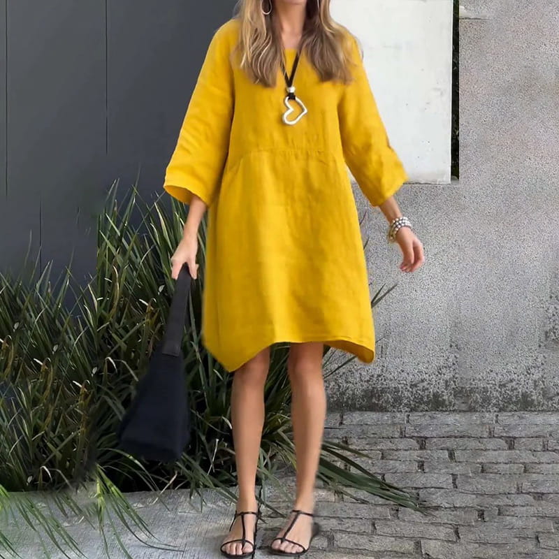 🌟2024 Nowe produkty👗Luźna sukienka w jednolitym kolorze z bawełny i lnu z kieszeniami
