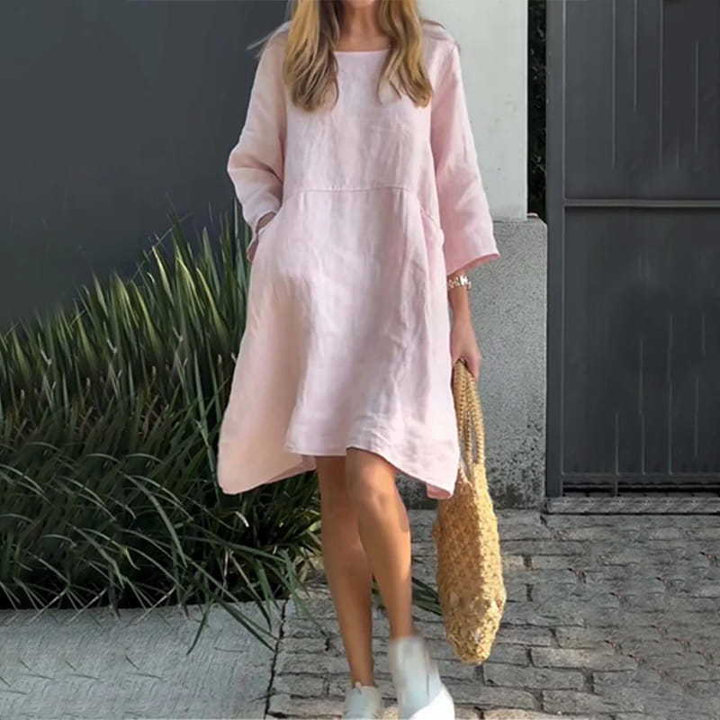 🌟2024 Nowe produkty👗Luźna sukienka w jednolitym kolorze z bawełny i lnu z kieszeniami
