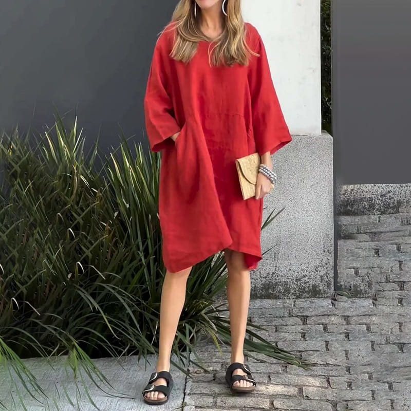 🌟2024 Nowe produkty👗Luźna sukienka w jednolitym kolorze z bawełny i lnu z kieszeniami
