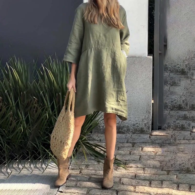 🌟2024 Nowe produkty👗Luźna sukienka w jednolitym kolorze z bawełny i lnu z kieszeniami