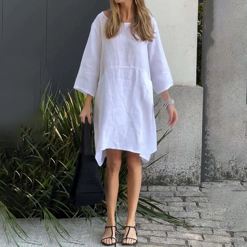🌟2024 Nowe produkty👗Luźna sukienka w jednolitym kolorze z bawełny i lnu z kieszeniami