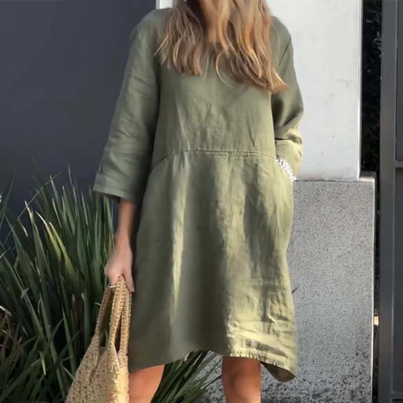 🌟2024 Nowe produkty👗Luźna sukienka w jednolitym kolorze z bawełny i lnu z kieszeniami