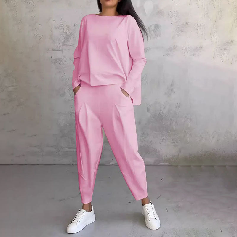 💗Dwuczęściowy zestaw z bluzką z długim rękawem i spodniami z okrągłym dekoltem.