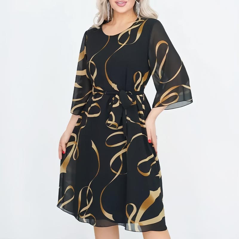 🌸2025 ELEGANCKA LUŹNA SUKIENKA MIDI Z MARSZCZONYMI RĘKAWAMI