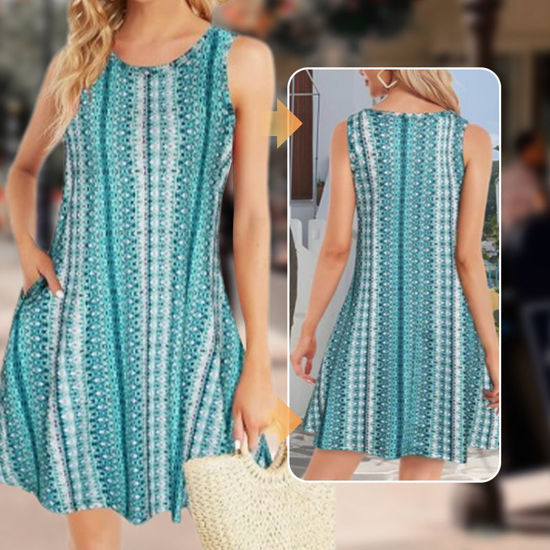 Damska sukienka bez rękawów z nadrukiem i kieszeniami👗
