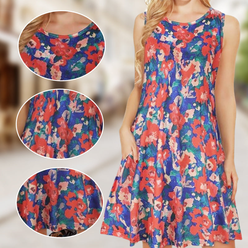 Damska sukienka bez rękawów z nadrukiem i kieszeniami👗