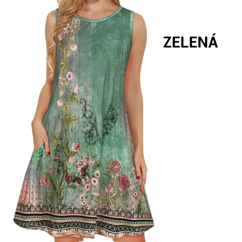 Damska sukienka bez rękawów z nadrukiem i kieszeniami👗