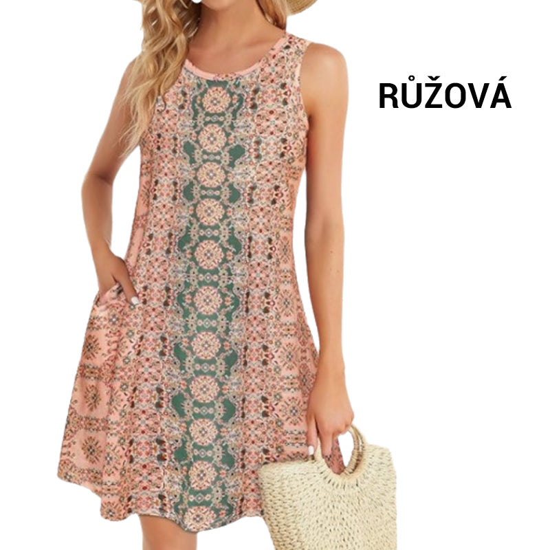 Damska sukienka bez rękawów z nadrukiem i kieszeniami👗