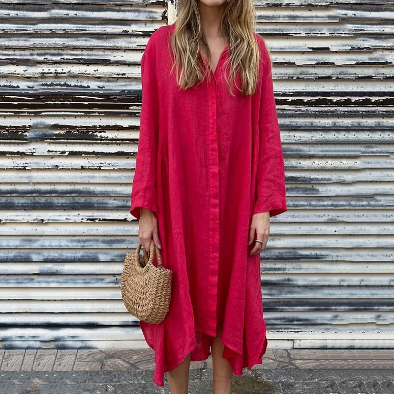 🌼【S-4XL】Bawełniana lniana sukienka koszulowa z długim rękawem