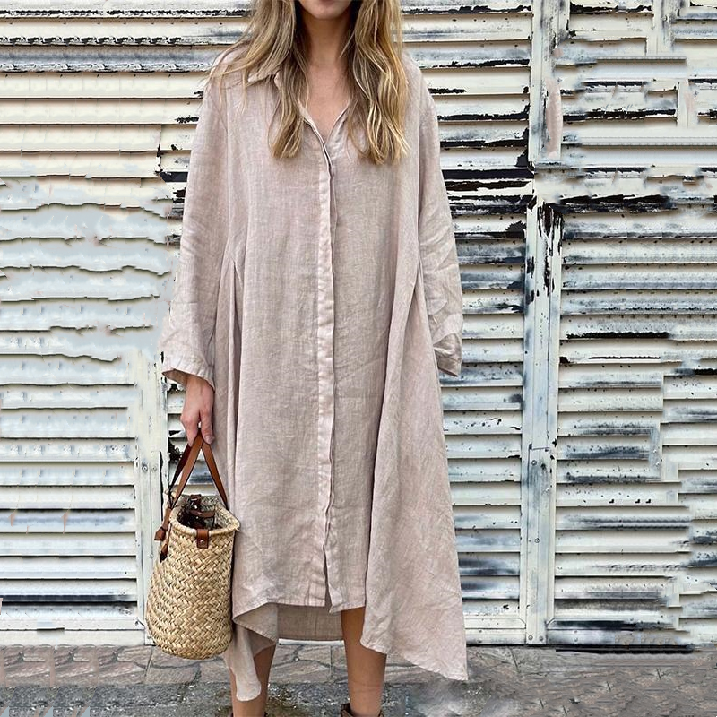 🌼【S-4XL】Bawełniana lniana sukienka koszulowa z długim rękawem