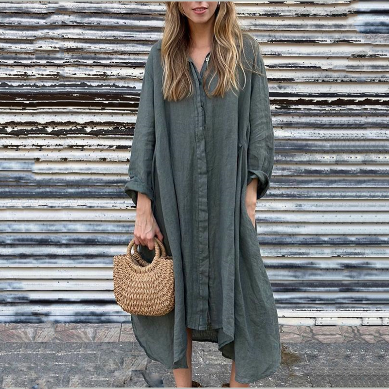 🌼【S-4XL】Bawełniana lniana sukienka koszulowa z długim rękawem