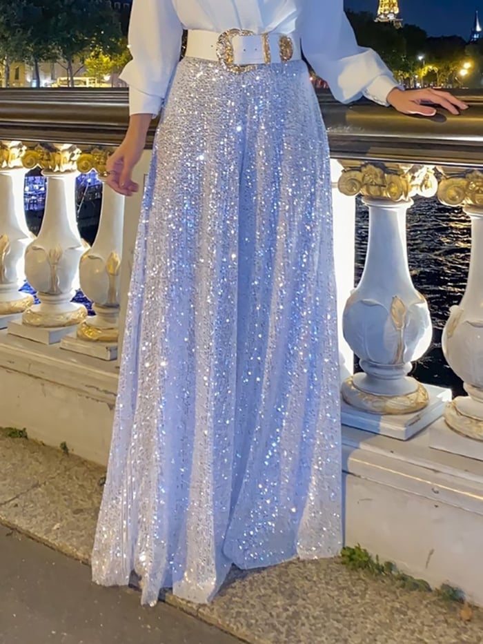 Elegancka bluzka z długim rękawem z dekoltem w szpic i szerokimi spodniami z cekinami💝