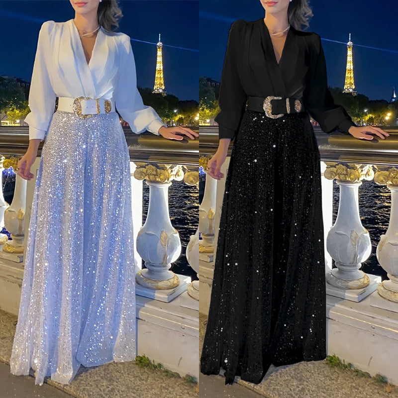 Elegancka bluzka z długim rękawem z dekoltem w szpic i szerokimi spodniami z cekinami💝