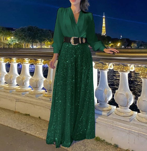 Elegancka bluzka z długim rękawem z dekoltem w szpic i szerokimi spodniami z cekinami💝