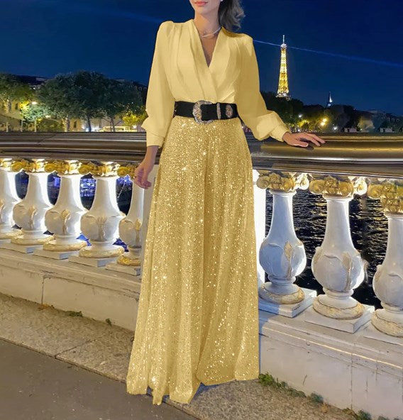 Elegancka bluzka z długim rękawem z dekoltem w szpic i szerokimi spodniami z cekinami💝