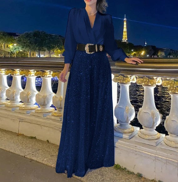 Elegancka bluzka z długim rękawem z dekoltem w szpic i szerokimi spodniami z cekinami💝