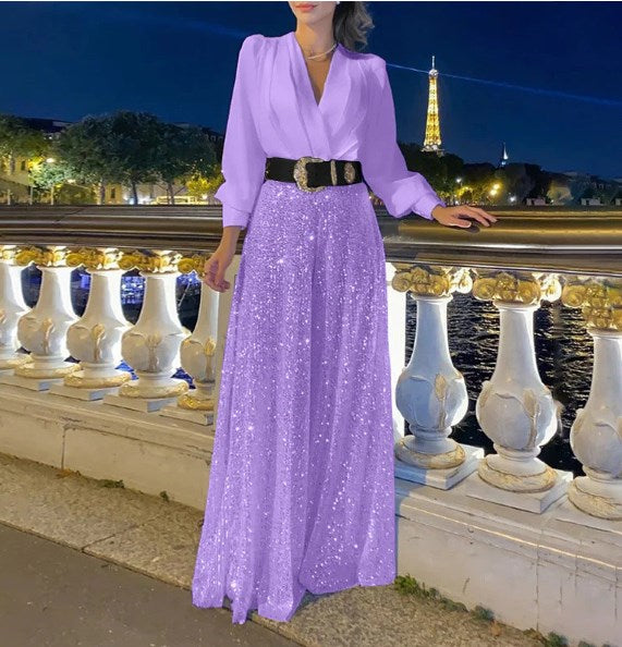 Elegancka bluzka z długim rękawem z dekoltem w szpic i szerokimi spodniami z cekinami💝