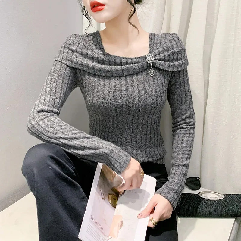 🎀 ELEGANCKI DAMSKI TOP Z DZIANINY Z DŁUGIM RĘKAWEM O DOPASOWANYM KROJU