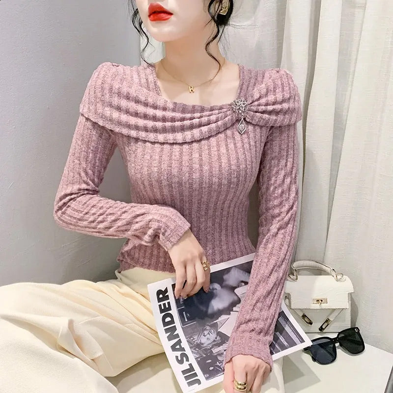 🎀 ELEGANCKI DAMSKI TOP Z DZIANINY Z DŁUGIM RĘKAWEM O DOPASOWANYM KROJU