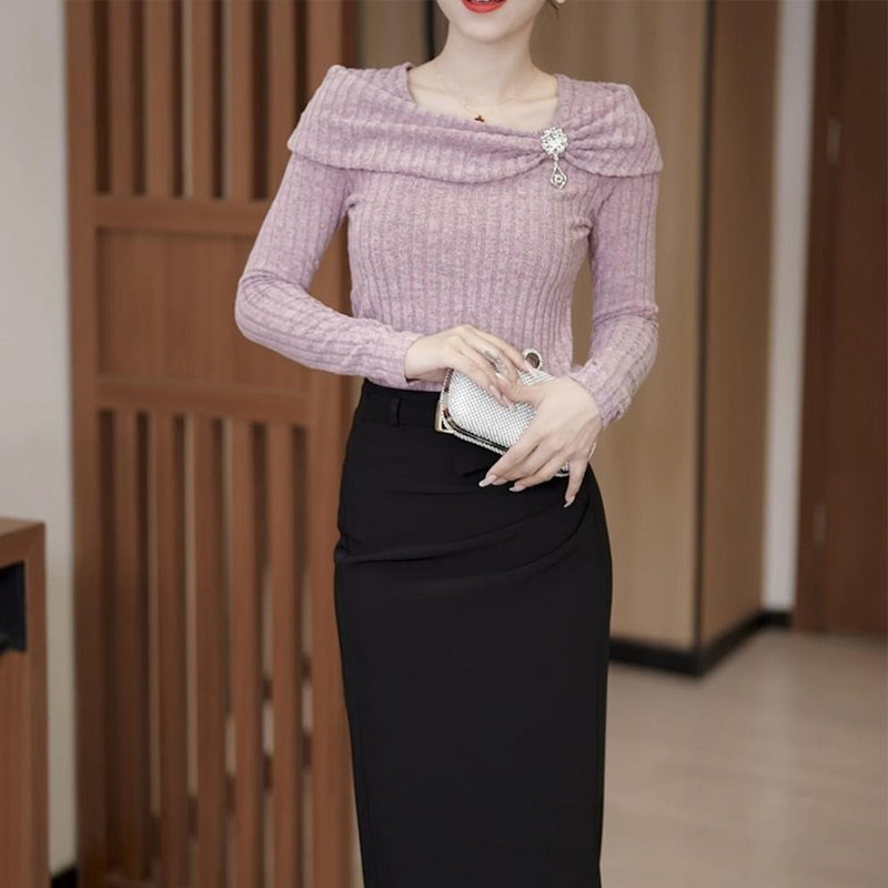 🎀 ELEGANCKI DAMSKI TOP Z DZIANINY Z DŁUGIM RĘKAWEM O DOPASOWANYM KROJU