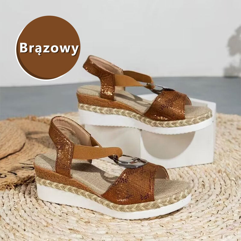 👡DAMSKIE LETNIE SANDAŁY NA KOTURNIE Z ODKRYTYMI PALCAMI I METALOWĄ DEKORACJĄ