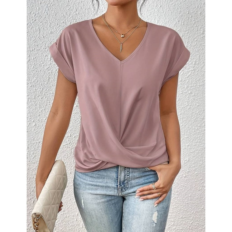 🔥👚 【S-2XL】Casual Krótki Rękaw Elegancki T-shirt z Dekoltem w Serek