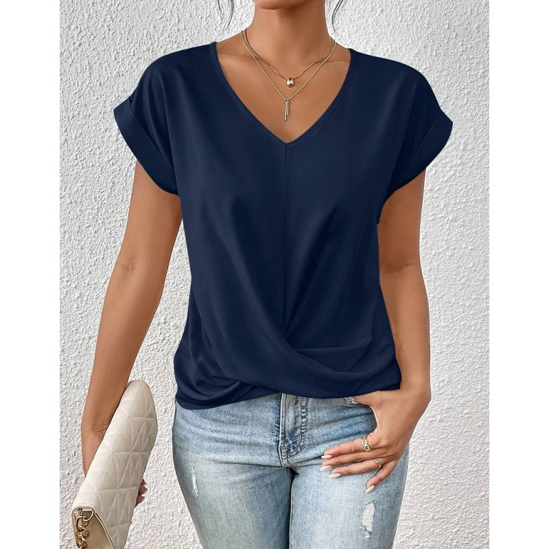 🔥👚 【S-2XL】Casual Krótki Rękaw Elegancki T-shirt z Dekoltem w Serek