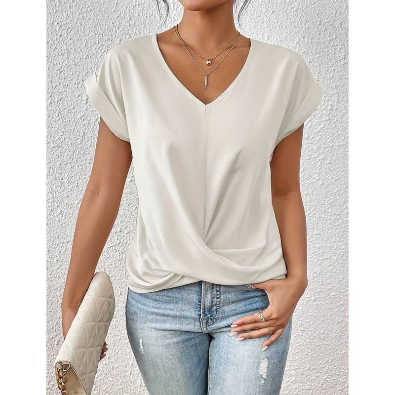 🔥👚 【S-2XL】Casual Krótki Rękaw Elegancki T-shirt z Dekoltem w Serek