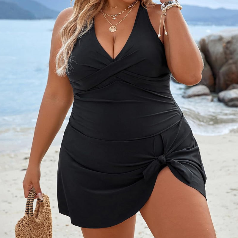 Damski jednoczęściowy kostium kąpielowy Plus Size z dekoltem w szpic
