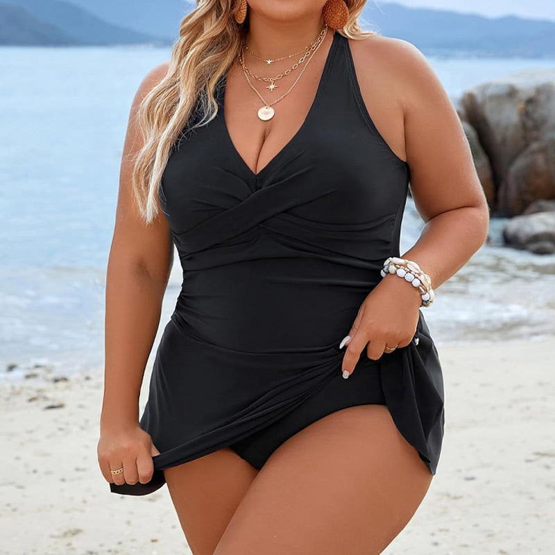 Damski jednoczęściowy kostium kąpielowy Plus Size z dekoltem w szpic